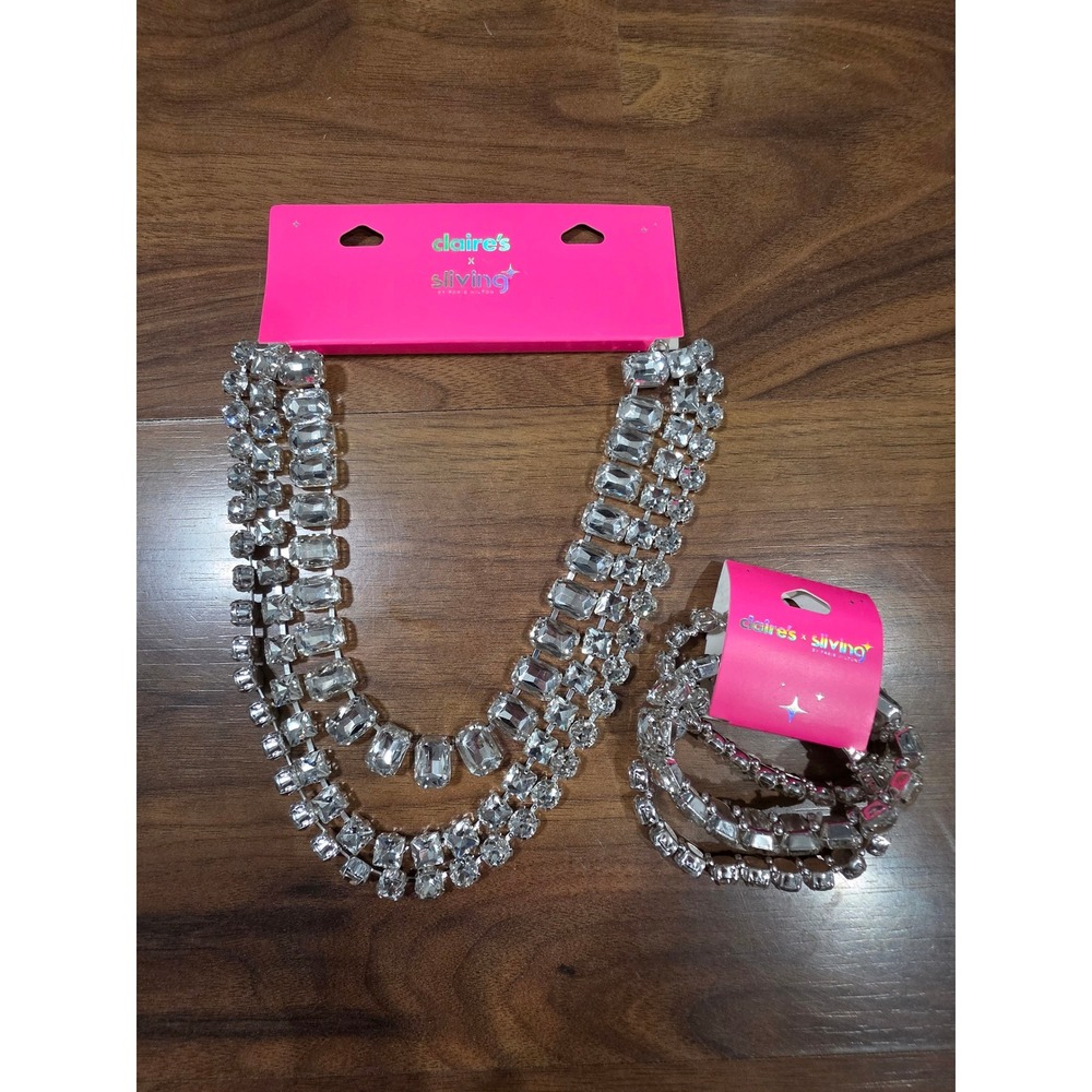 Claire's Sliving Paris Hilton Jewelry Set OS Silver New Rhinestone Tiered Set